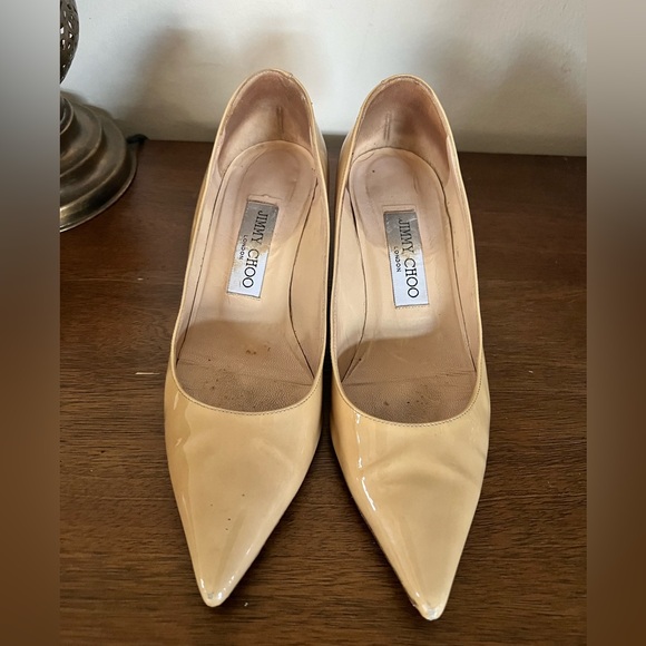Jimmy Choo Romy Abel Patent Label Womens Pumps Nude Size 35.5 Stiletto Heels - Picture 1 of 8
